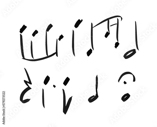 Musical notes drawings doodle set on transparent background. Collection of isolated hand drawn musical notation including eighth notes, quarter notes etc.