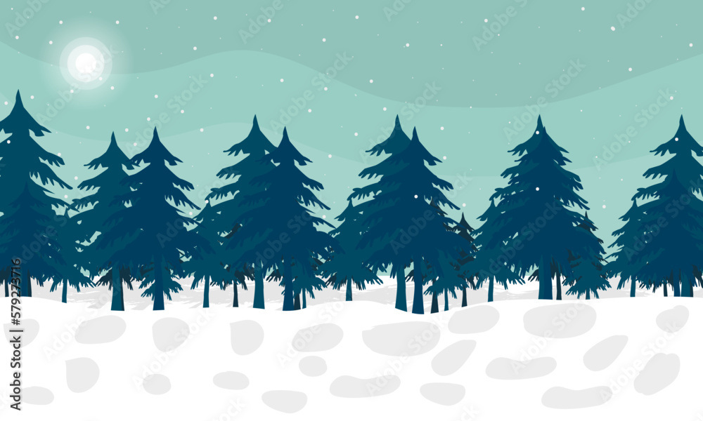 snow background with green tree nature landscape vector illustration