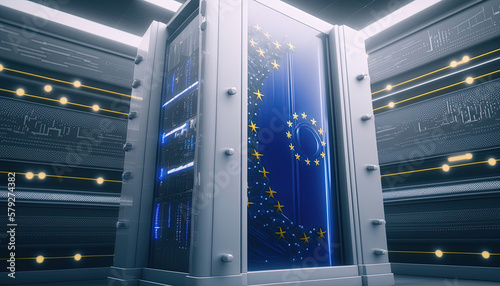 AI quantum computing in server room, AI act, European Union flag 