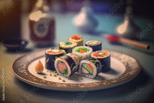 A set of Maki sushi on a luxurious plate, Japanese traditional food. Made by Ai, artificial intelligence.