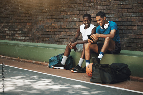 Fototapeta Naklejka Na Ścianę i Meble -  Smartphone, basketball and black people friends with chat mobile app, 5g social networking or training results update on internet. Relax, sports and athlete men using phone for social media community