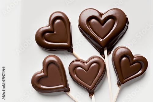Chocolate heart shaped lollipops with a white background. Generative AI