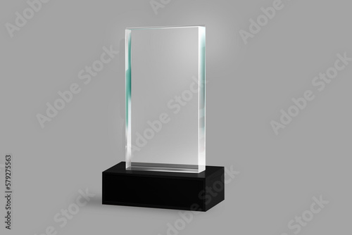 Empty Glass Award Trophy Mockup, 3D Rendering, Isolated on Grey Background