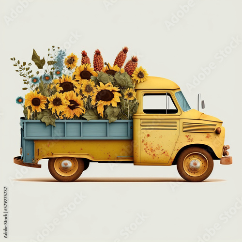 Vintage pickup truck with cheerful sunflower. Generative AI