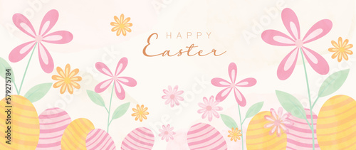 Happy Easter watercolor element background vector. Hand painted easter eggs pastel color with spring flowers and leaf branch. Collection of adorable doodle design for decorative, card, kids, banner.