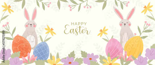 Happy Easter watercolor element background vector. Hand painted cute rabbits with easter eggs, spring flowers and leaf branch. Collection of adorable doodle design for decorative, card, kids, banner.