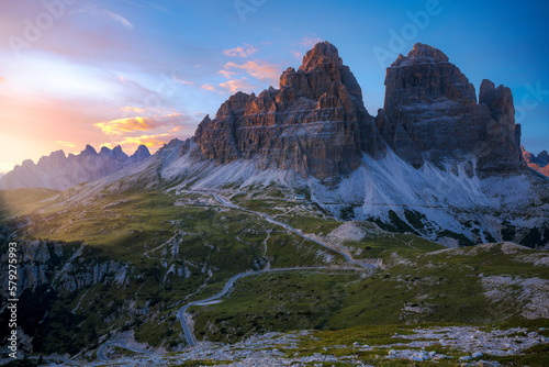 Tre Cime in the Italian Dolomites at sunset