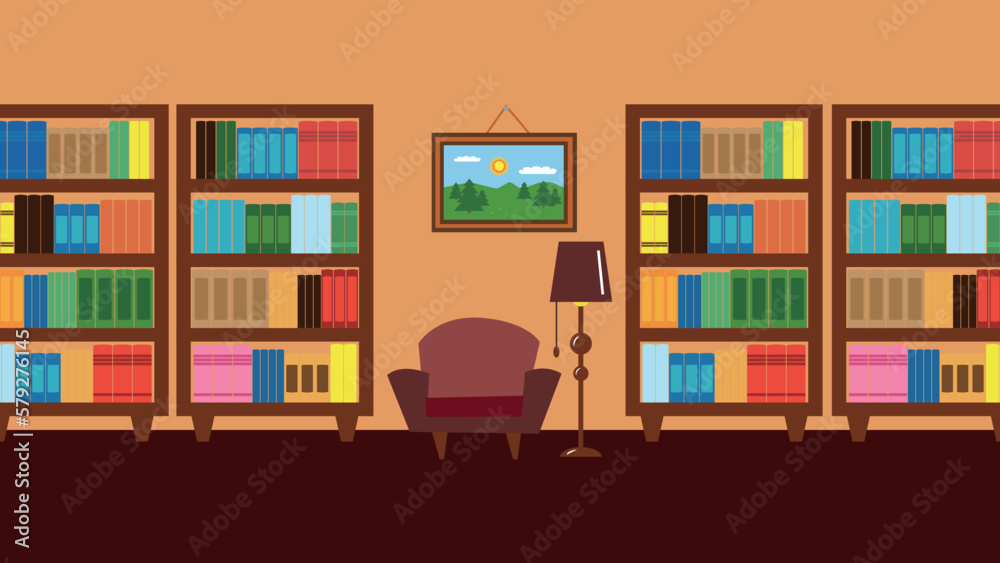 Bookshelf with books and armchair. Vector illustration in flat style