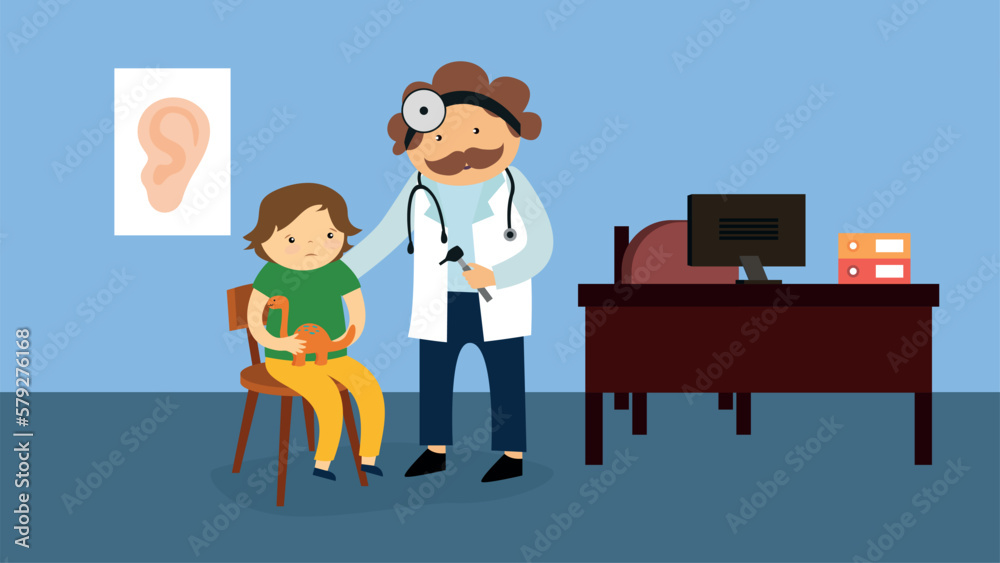 Doctor with stethoscope and little girl in clinic. Vector illustration