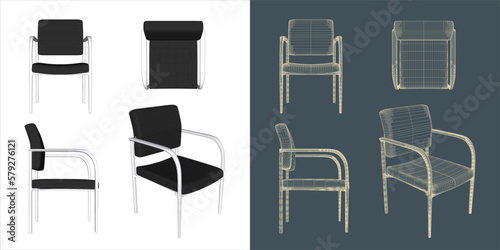 Vector modern Office chair ergonomic in various points of view. blue print isolated background