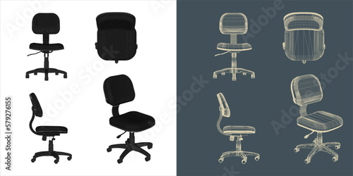 Vector modern Office chair ergonomic in various points of view. blue print isolated background