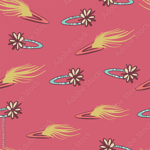 Hair accessory background. Stylist accessories, hairpin and clips. Baby girl accessories, plastic fashionable clip, barber decent vector seamless pattern © Yuliia