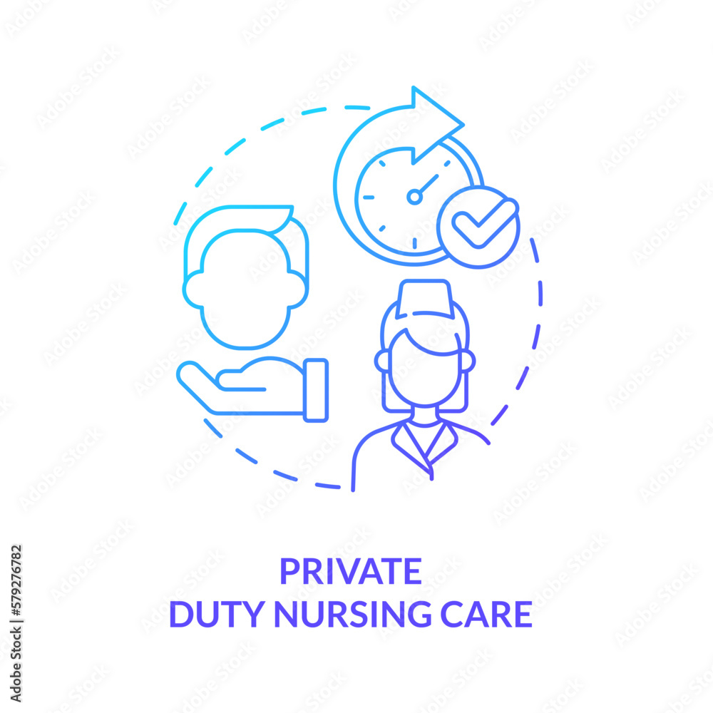 Private duty nursing care blue gradient concept icon. Skilled specialist. Home health care type abstract idea thin line illustration. Isolated outline drawing. Myriad Pro-Bold font used Private duty nursing care blue gradient concept icon. Skilled specialist. Home health care type abstract idea thin line illustration. Isolated outline drawing. Myriad Pro-Bold font used