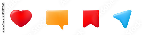 Set of social media 3d icons buttons illustration. Share, heart, like element