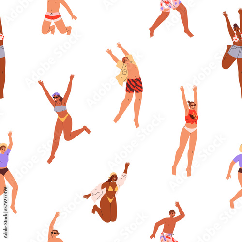 Happy jumping people in swimsuit, seamless pattern. Endless summer holiday ba...