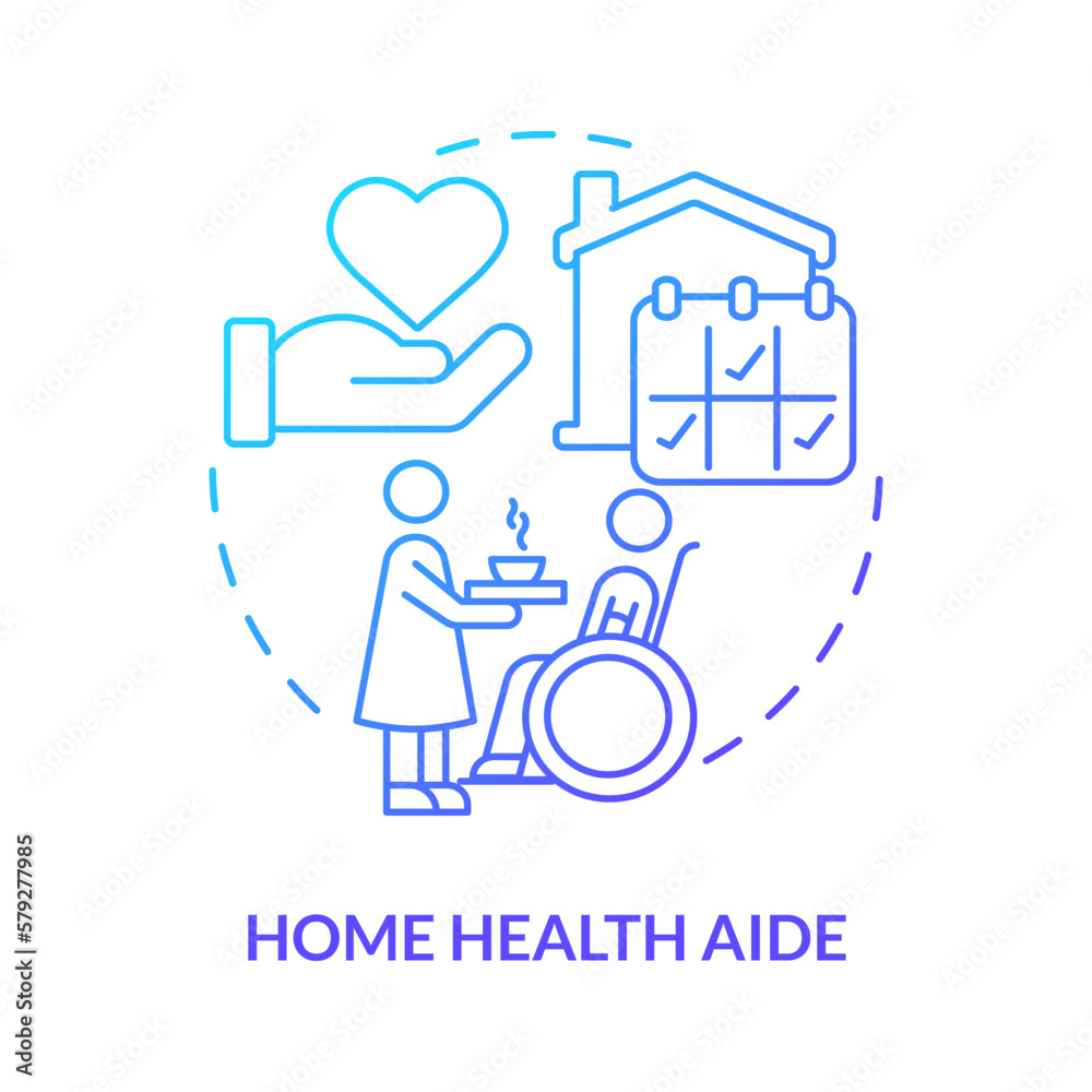 Obraz premium Home health aide blue gradient concept icon. Patient with disability. Professional medical healthcare service abstract idea thin line illustration. Isolated outline drawing. Myriad Pro-Bold font used