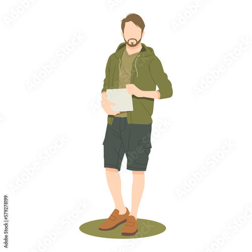 hipster man standing in casual outfits carry tablet isolated illustration