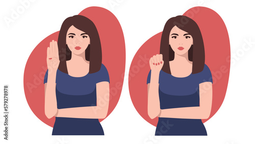 A woman shows a hand sign that she needs help. Signal of domestic violence. Ask for help in a difficult situation, a threat to life. The concept of domestic violence.