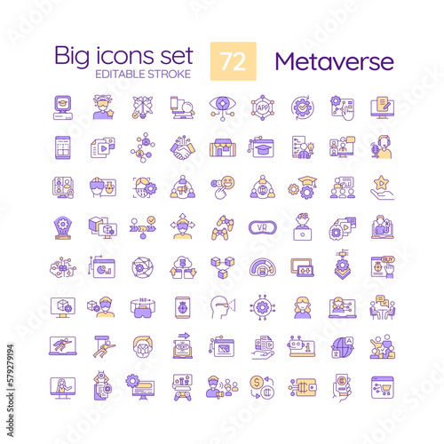 Metaverse RGB color icons set. Technology of virtual reality. Machine learning algorithm. AI generated models. Isolated vector illustrations. Simple filled line drawings collection. Editable stroke