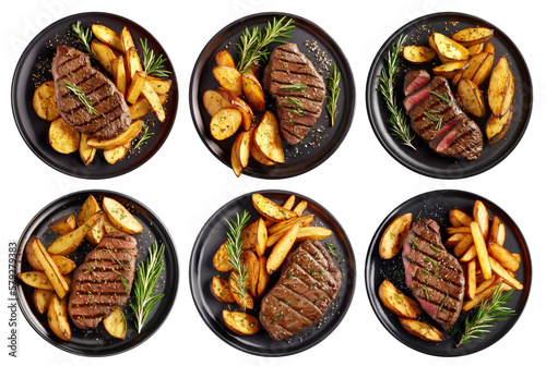 Collection of black plates with grilled beef steaks and potatoes top view, cut out. Based on Generative AI
