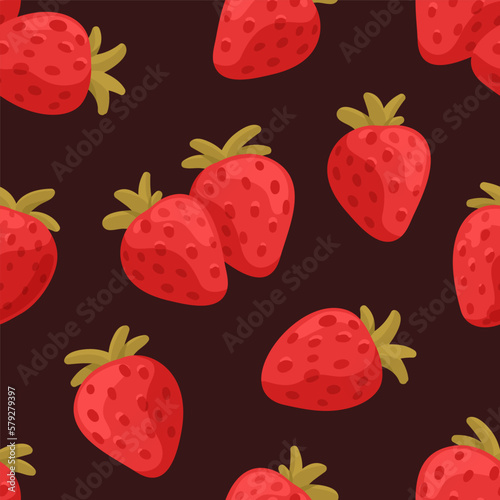 Strawberries, seamless pattern. Endless black background with red berries, re...