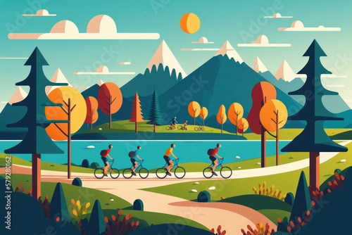 People are bike or exercise in park. World health day concept, flat design. Generative ai.