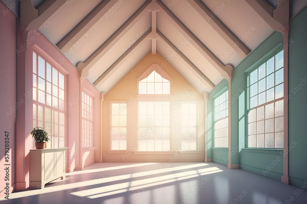 3D render illustration of minimal cute room interior design window background. Generative Ai.