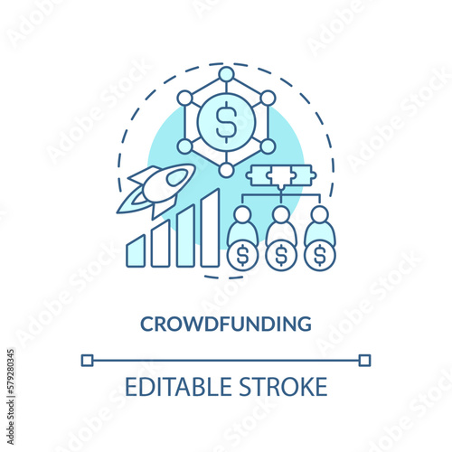 Crowdfunding turquoise concept icon. Raise money. Tech startup financing option abstract idea thin line illustration. Isolated outline drawing. Editable stroke. Arial, Myriad Pro-Bold fonts used