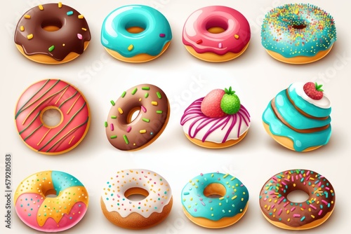 Cute sweet objects 3d illustration cartoon donuts on color background. Doughnuts day. Generative ai.