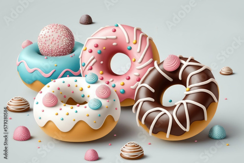 Cute sweet objects 3d illustration cartoon donuts on color  background. Doughnuts day. Generative ai.