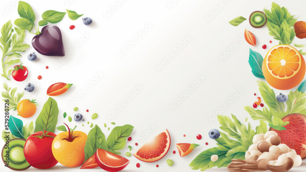 Healthy food on white background with empty copy space and boarder illustration. Health lifestyle concept. Generative ai. Healthy food on white background with empty copy space and boarder illustration. Health lifestyle concept. Generative ai.