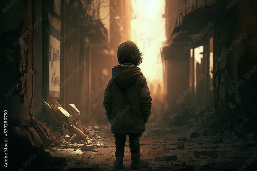 abandoned homeless child on street of a bombed-out city in burning ruins. concept no war. Generative AI abandoned homeless child on street of a bombed-out city in burning ruins. concept no war. Generative AI