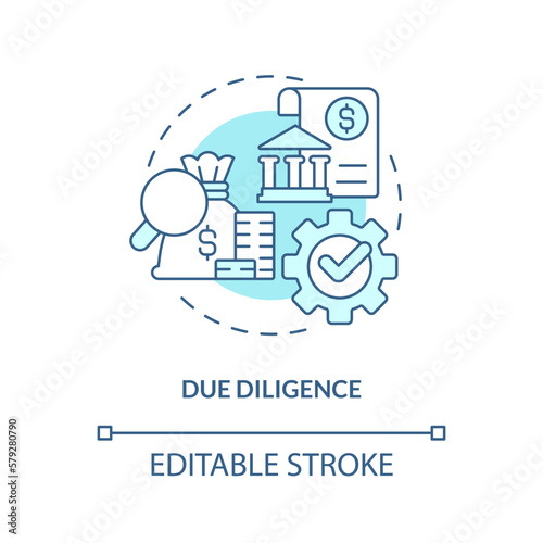 Due diligence turquoise concept icon. IT firm. Venture capital financing benefit abstract idea thin line illustration. Isolated outline drawing. Editable stroke. Arial, Myriad Pro-Bold fonts used