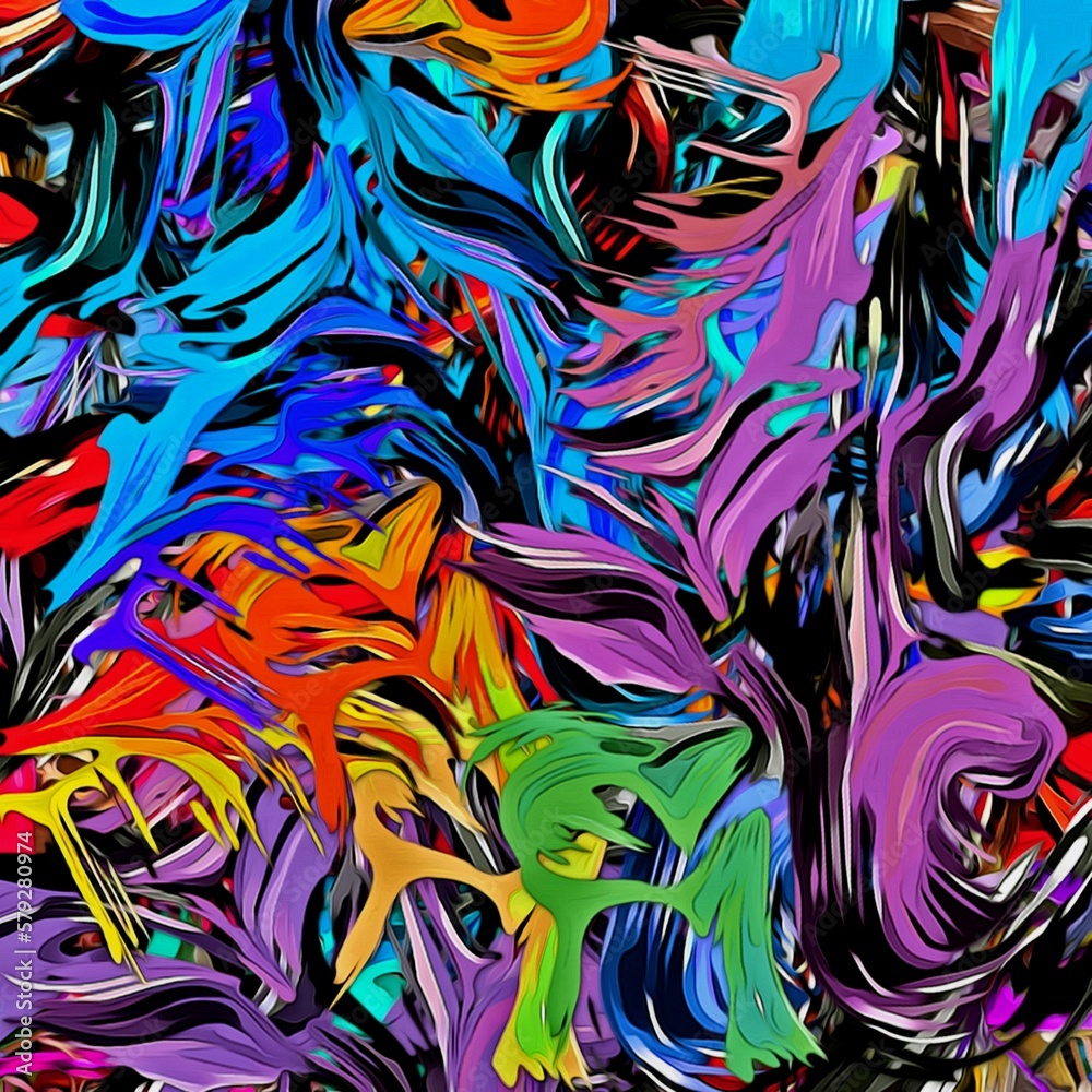 Abstract psychedelic fractal background of stylized watercolor illustration, colored chaotically blurred spots and paint strokes of different sizes and shapes