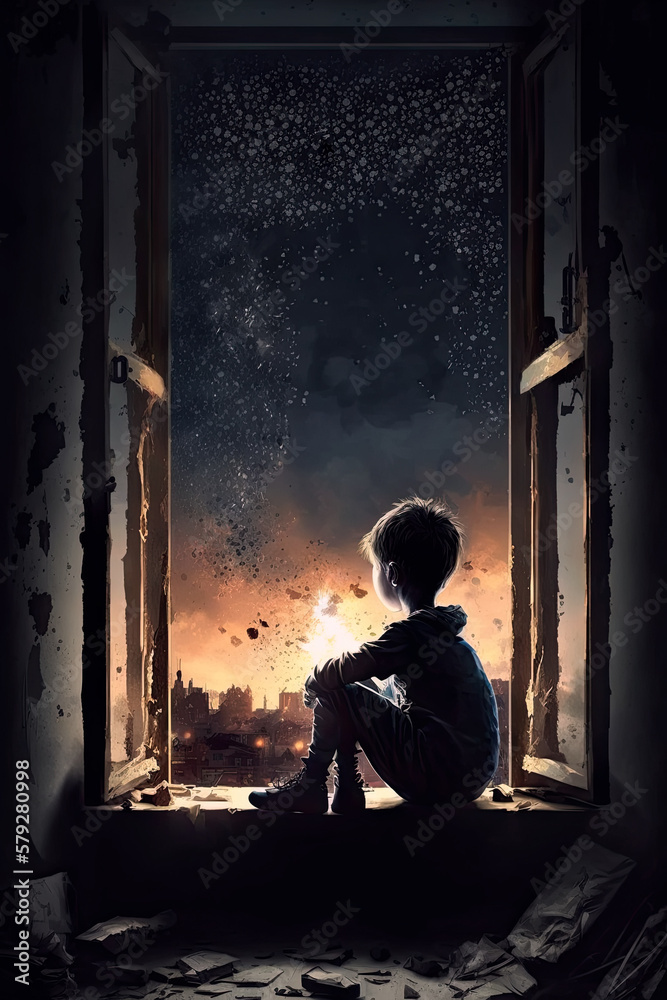 child boy looks out window with bomb explosions in a destroyed city. concept no war. Generative AI child boy looks out window with bomb explosions in a destroyed city. concept no war. Generative AI