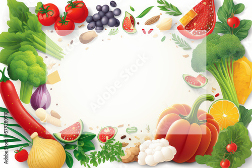 Healthy food on white background with empty copy space and boarder illustration. Health lifestyle concept. Generative ai.