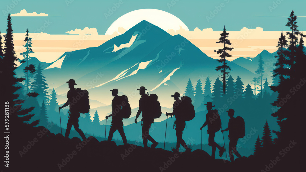 People hiking to wild or mountain, World health day concept, flat design. Generative ai.
People hiking to wild or mountain, World health day concept, flat design. Generative ai.