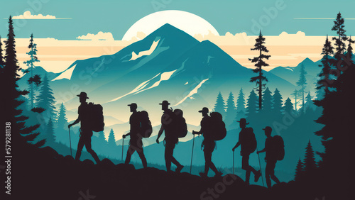 People hiking to wild or mountain, World health day concept, flat design. Generative ai. 