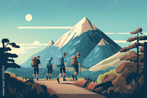 People hiking to wild or mountain  World health day concept  flat design. Generative ai. 