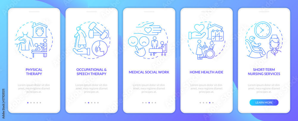 Home health care services blue gradient onboarding mobile app screen. Walkthrough 5 steps graphic instructions with linear concepts. UI, UX, GUI template. Myriad Pro-Bold, Regular fonts used