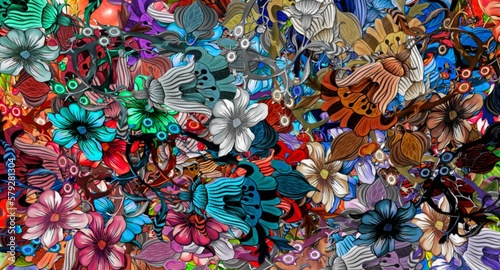 Computer graphics of abstract floral psychedelic background stylization of colored chaotic stickers in the form of leaves