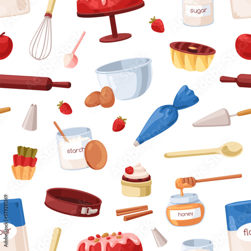 Seamless baking pattern with bakery tools, cooking utensils, confectionery ingredients. Bakers repeating print, endless culinary background for wrapping, textile. Flat cartoon vector illustration