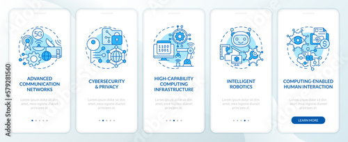 Governmental IT funding blue onboarding mobile app screen. Finance walkthrough 5 steps editable graphic instructions with linear concepts. UI, UX, GUI template. Myriad Pro-Bold, Regular fonts used