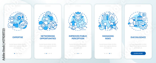 Venture capital financing benefits blue onboarding mobile app screen. Walkthrough 5 steps editable graphic instructions with linear concepts. UI, UX, GUI template. Myriad Pro-Bold, Regular fonts used