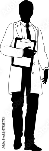 Silhouette person scientist  engineer or professor man in a lab coat. Holding clipboard checklist. Possibly performing experiment or surveying. Alternatively a chemist  science teacher or pharmacist.