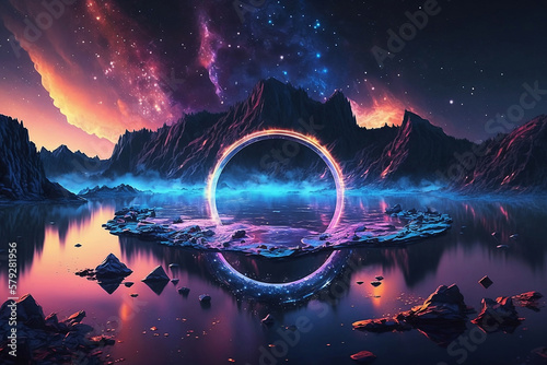 3d render, abstract neon background with glowing laser ring, crystals under the starry night sky and reflection in the water. Fantasy cosmic landscape. Generative AI.