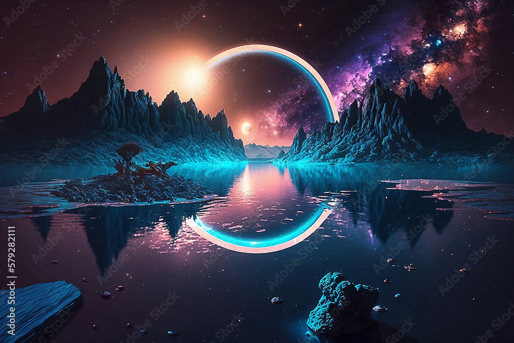3d render, abstract neon background with glowing laser ring, crystals under the starry night sky and reflection in the water. Fantasy cosmic landscape. Generative AI.