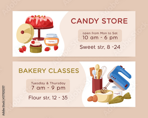 Confectionery banner designs for baking, cooking workshops. Ad promotion background templates for bakery store, culinary school, cakes course, confectioners shop promo. Flat vector illustrations