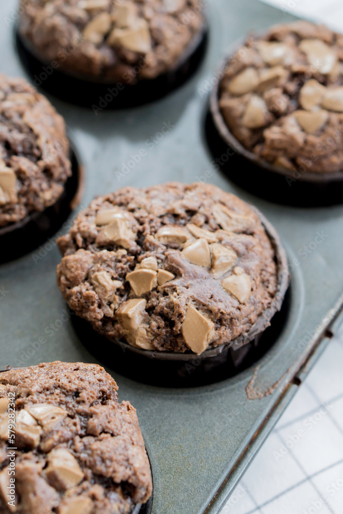 Fototapeta premium Double Chocolate muffins homemade baked close up selective focus