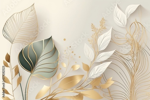 Minimal luxury style wallpaper with golden line art flower and botanical leaves background. Generative ai.